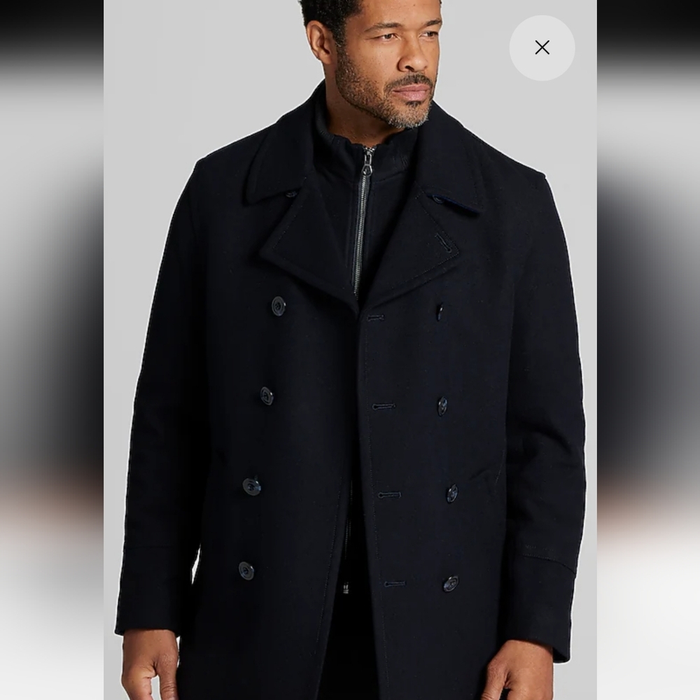 Joseph Abboud Mens Blue Wool Blend Double Breasted Peacoat Jacket Layered Bib M